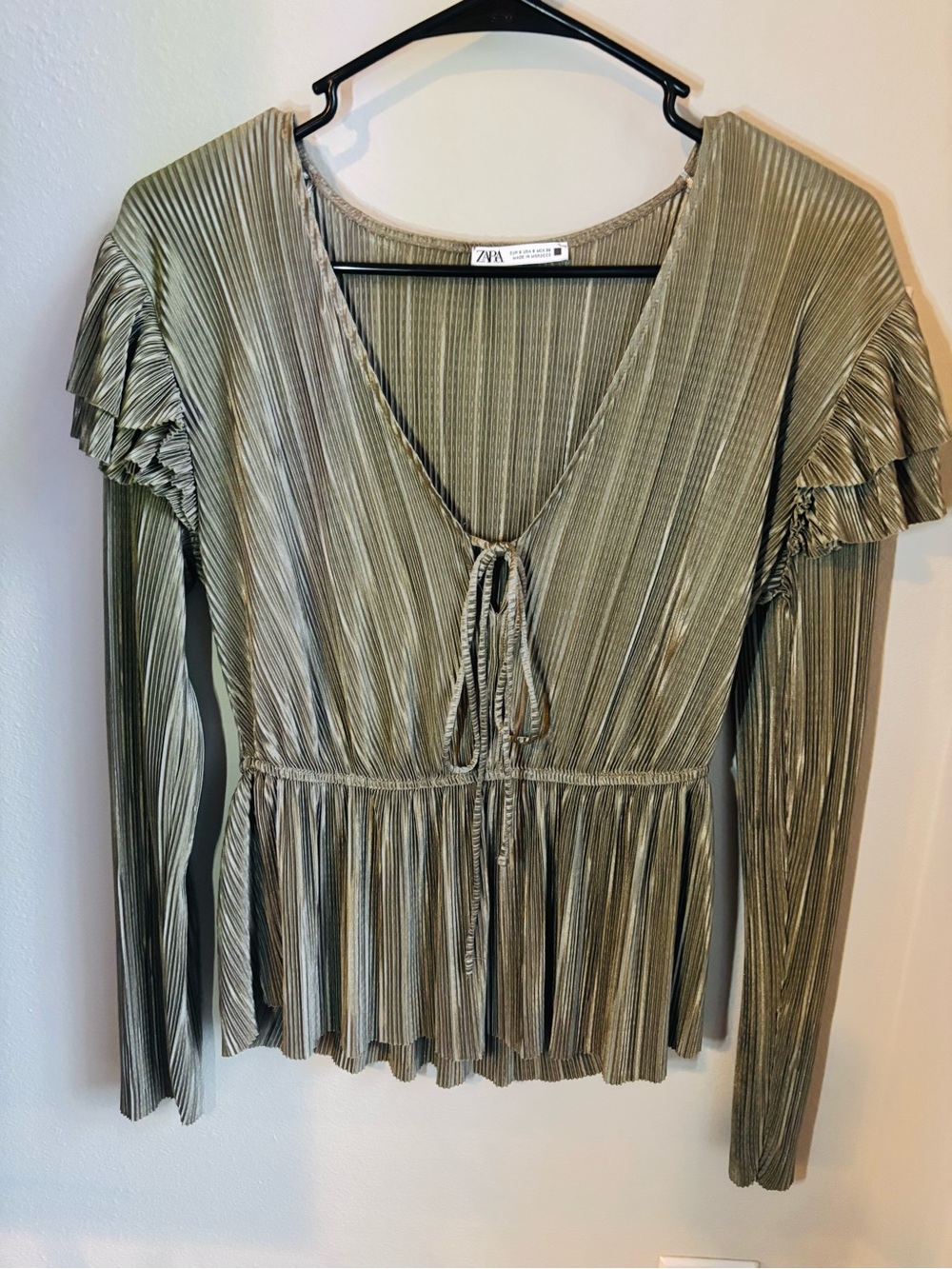 Zara Pleated Metallic Olive Ruffle Sleeve Top Size S